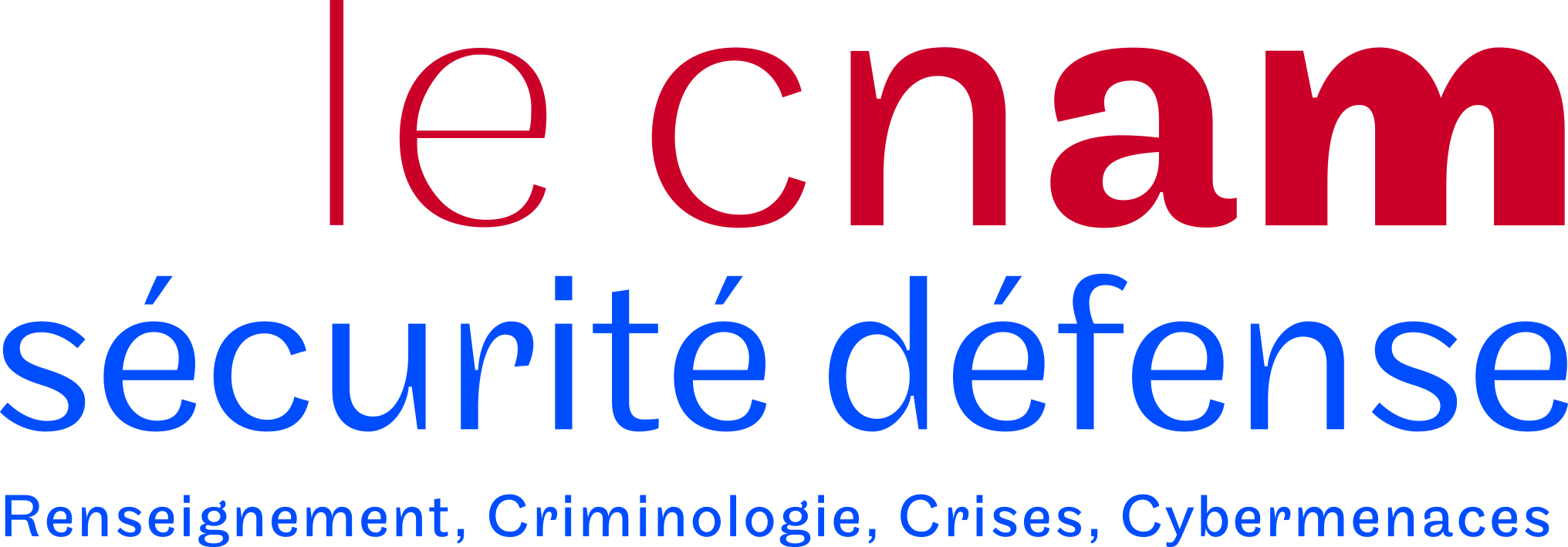 logo de le Cnam sécurité défense renseignement, criminologie, crises, cybermenaces avec le texte le Cnam en rouge et sécurité défense renseignement, criminologie, crises, cybermenaces en bleu